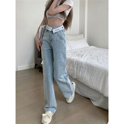 Women's high waist wide leg jeans with a folded waistband detail, shown in a relaxed denim silhouette