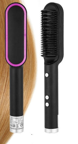 2-in-1 hair straightener and curling brush with negative ion technology shown from a close-up angle