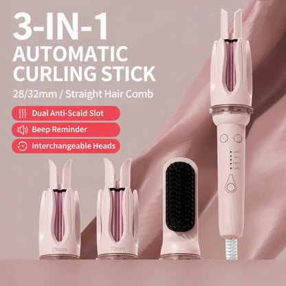 3-in-1 hair curler and straightener set with three interchangeable barrels displayed on a white background