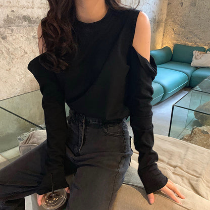 Women's off-shoulder long sleeve top in a stretch fit, shown from a side angle highlighting the elegant neckline and sleeve d