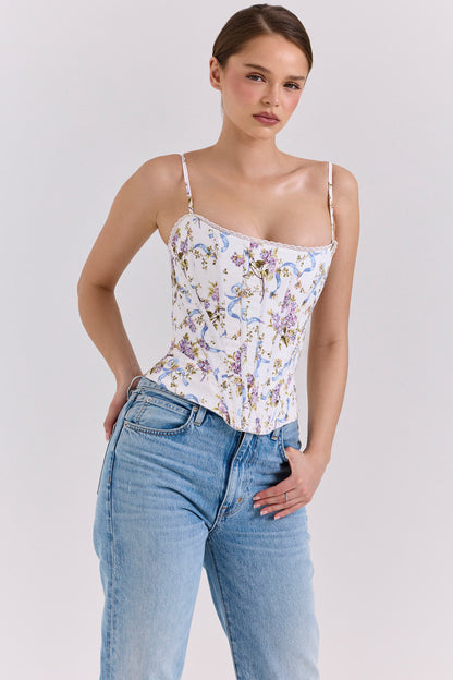 White Floral Lace-Up Corset Top