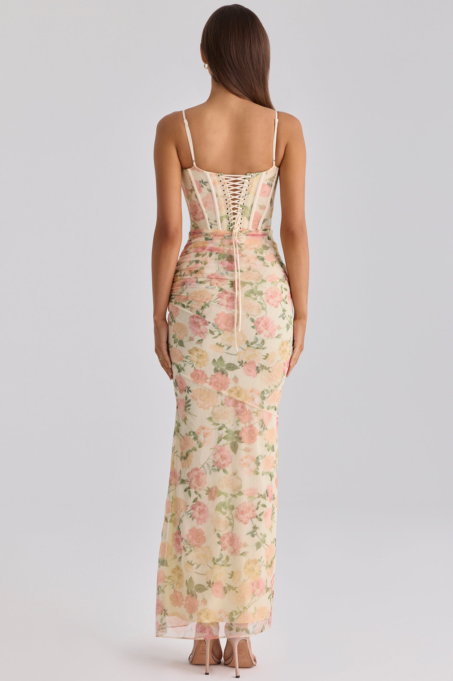 Peach Floral Print Mesh Maxi Dress