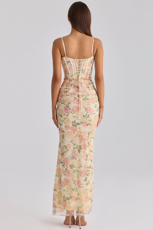 Peach Floral Print Mesh Maxi Dress