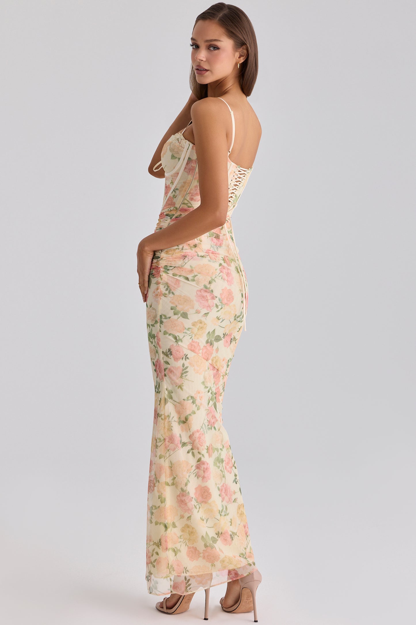 Peach Floral Print Mesh Maxi Dress