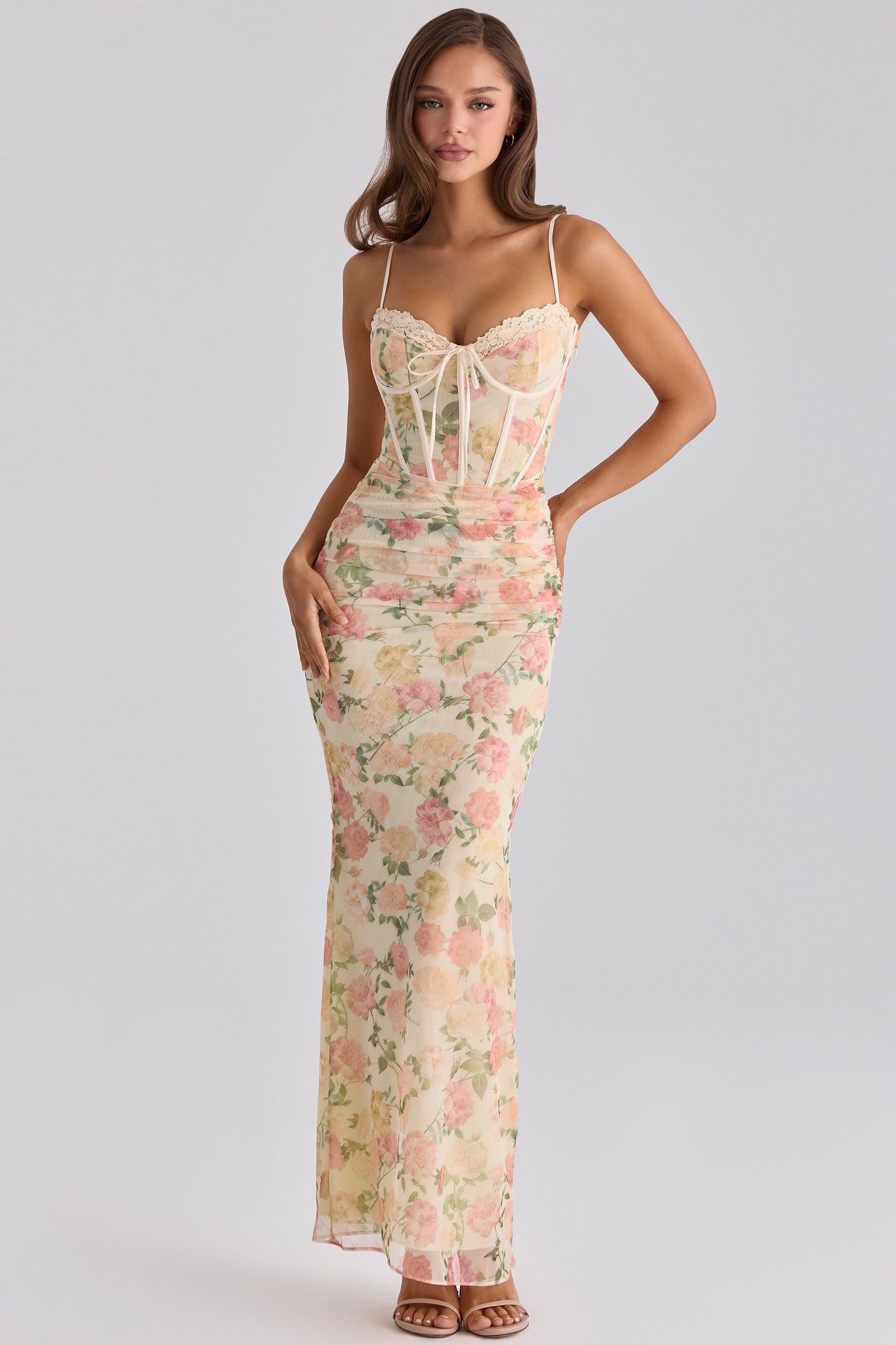 Peach Floral Print Mesh Maxi Dress
