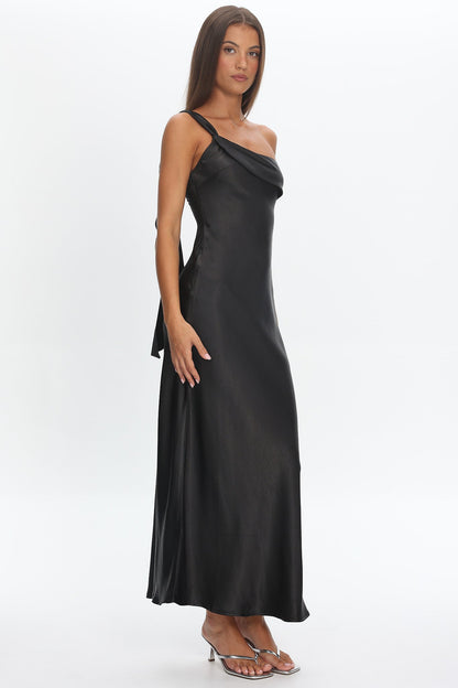 Carmel One-Shoulder Sash Maxi Dress Black