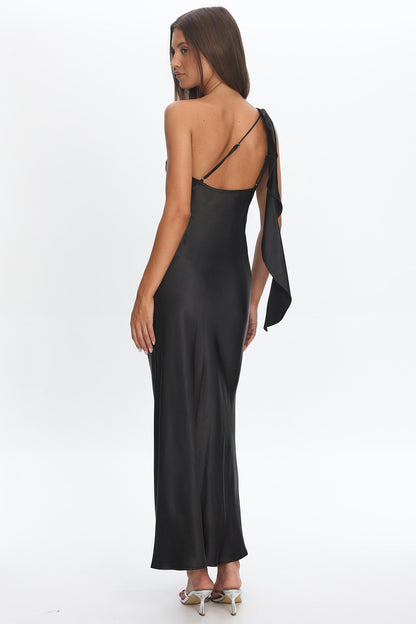 Carmel One-Shoulder Sash Maxi Dress Black