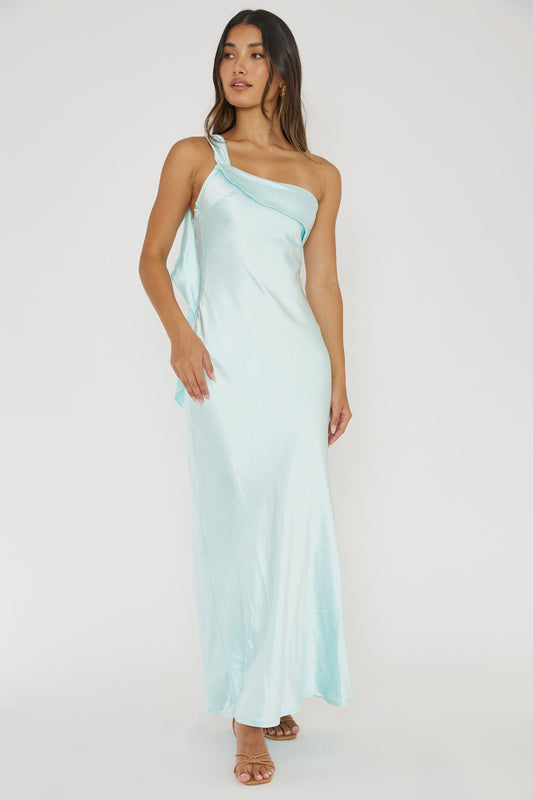 Carmel One-Shoulder Sash Maxi Dress Light Blue