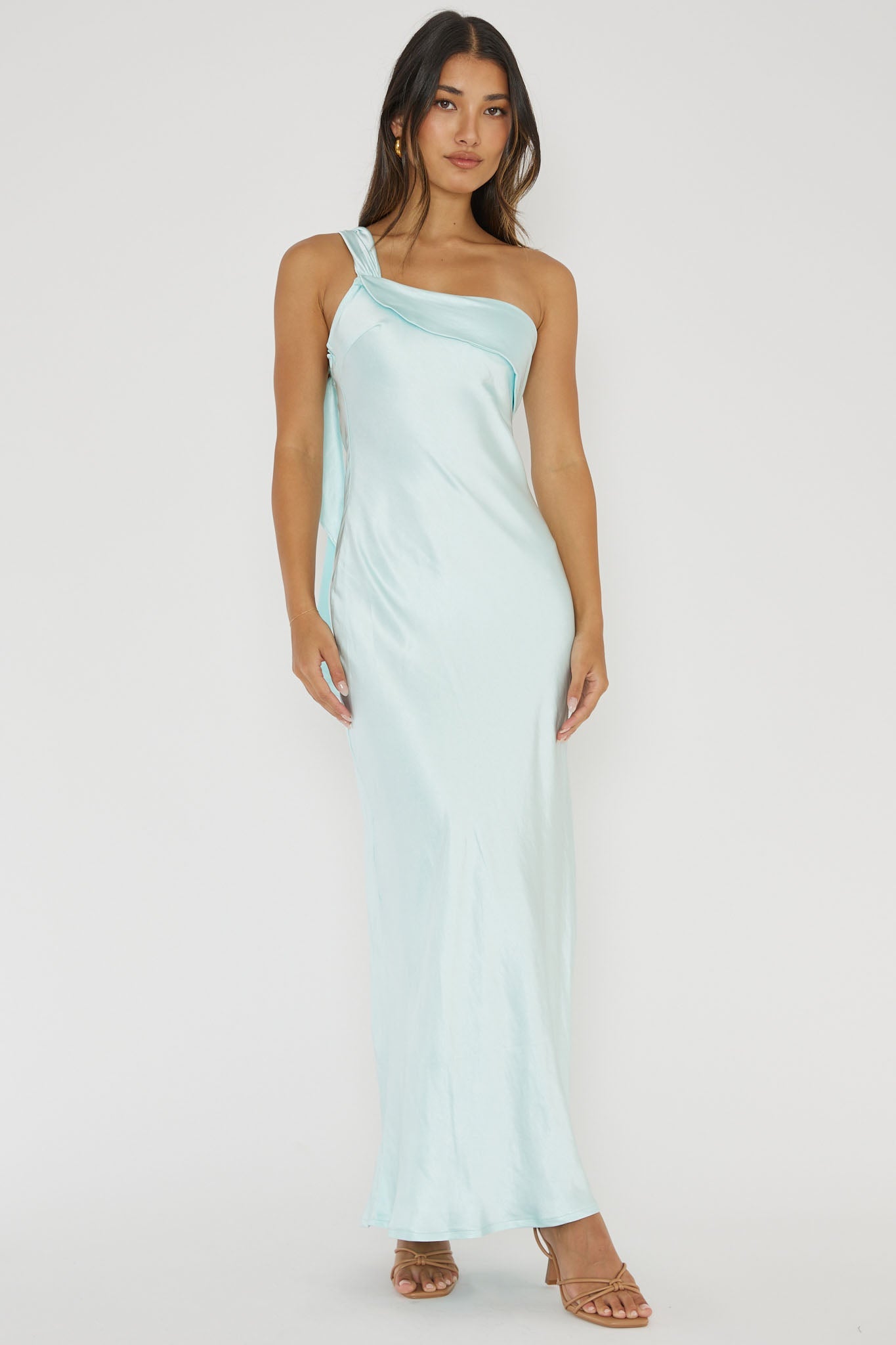 Carmel One-Shoulder Sash Maxi Dress Light Blue