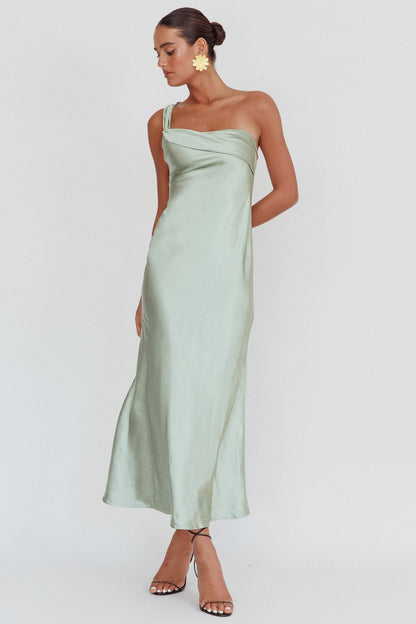 Carmel One-Shoulder Sash Maxi Dress Green
