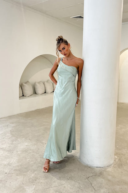 Carmel One-Shoulder Sash Maxi Dress Green