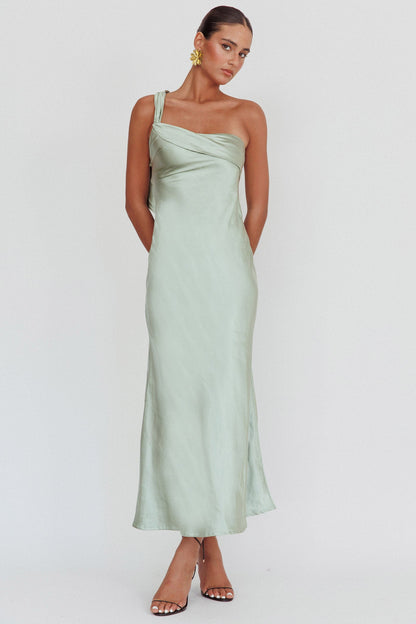 Carmel One-Shoulder Sash Maxi Dress Green