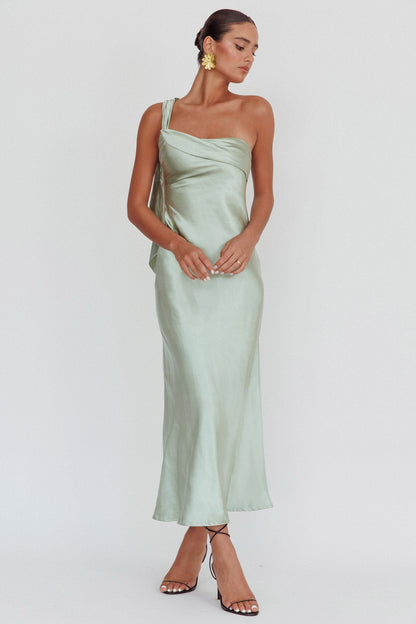 Carmel One-Shoulder Sash Maxi Dress Green