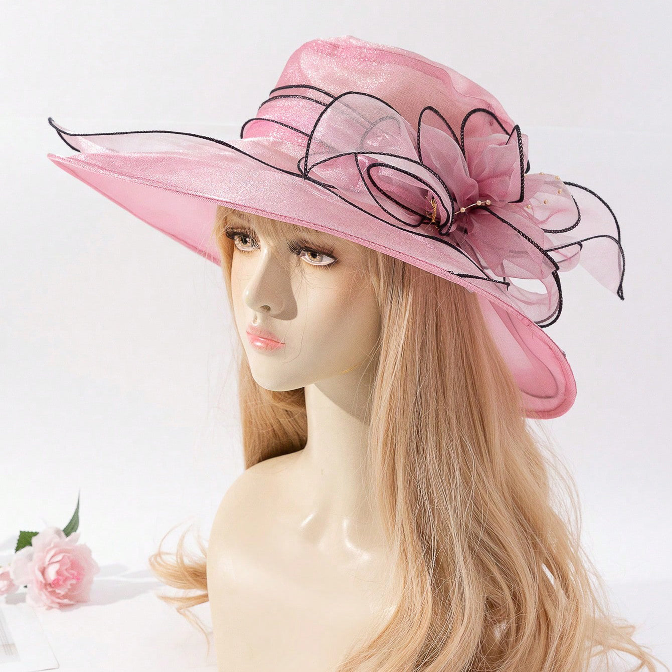Women's chiffon fisherman hat with delicate flower trim, a stylish sun-protective cap perfect for summer outings