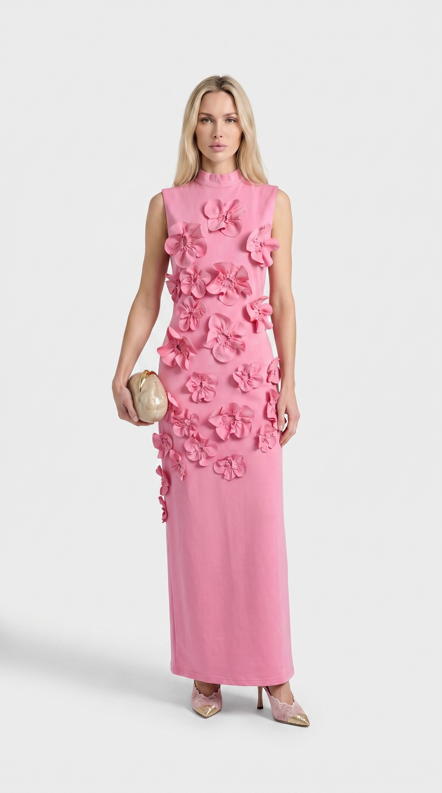 Conta Pink 3D Floral Appliqué Mock-Neck Maxi Gown