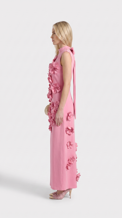 Conta Pink 3D Floral Appliqué Mock-Neck Maxi Gown
