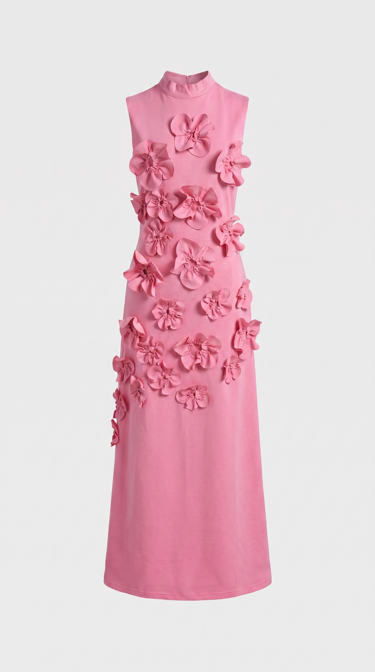 Conta Pink 3D Floral Appliqué Mock-Neck Maxi Gown