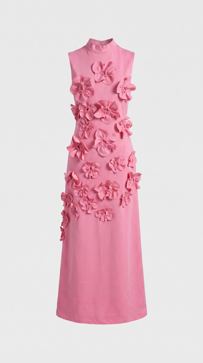 Conta Pink 3D Floral Appliqué Mock-Neck Maxi Gown