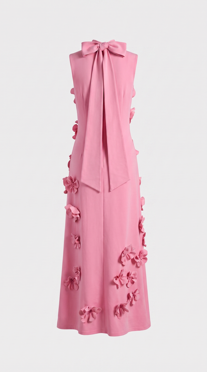 Conta Pink 3D Floral Appliqué Mock-Neck Maxi Gown