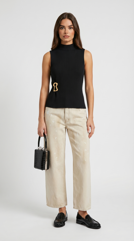 Varese - Keyhole-Detail Sleeveless Ribbed Top Black