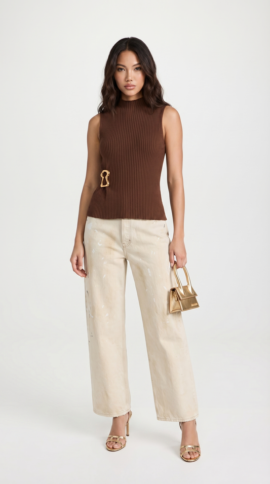 Varese - Keyhole-Detail Sleeveless Ribbed Top Dark Brown
