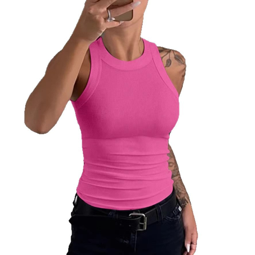 Close-up of a women's slim-fit sleeveless ribbed knit vest top showing fabric texture and fitted silhouette detail.