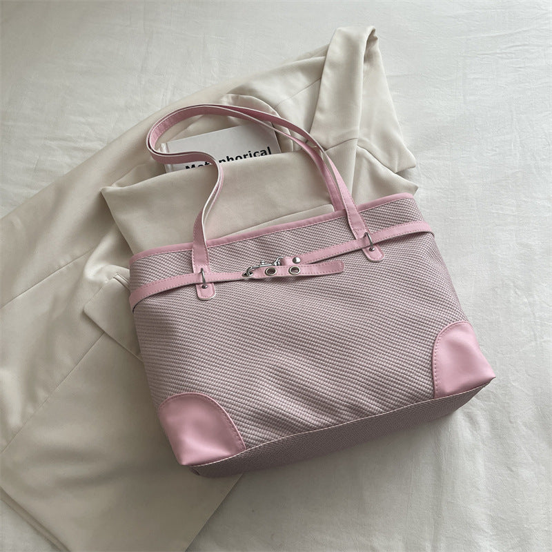 Retro patchwork bucket tote bag with colorful fabric panels, shown as a versatile everyday women's tote bag