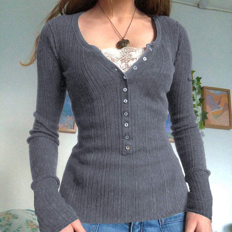 Women's color block knit pullover top with contrasting panels, shown in a relaxed casual style