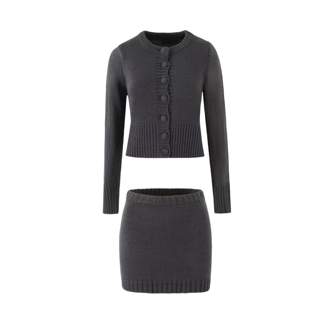 Women's high-waisted sheath skirt and knit top set in a coordinated two-piece style, shown as a matching outfit flat lay