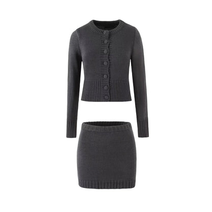 Women's high-waisted sheath skirt and knit top set in a coordinated two-piece style, shown as a matching outfit flat lay