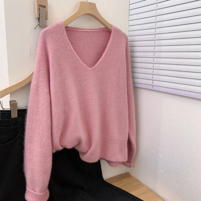 Women's loose fit v-neck pullover sweater with crochet lace trim neckline, long-sleeve elegant knit top in neutral tone