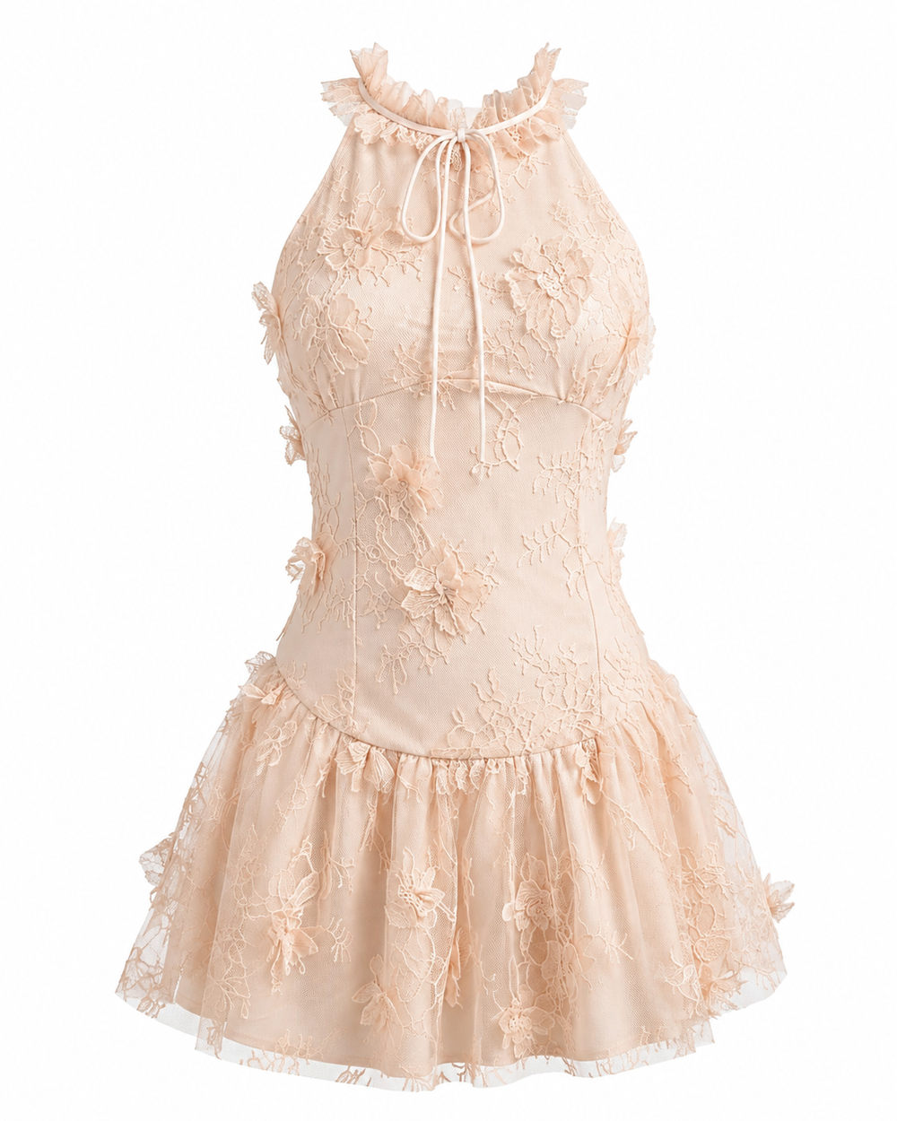 Halter Butterfly Detail Lace Dress Peach