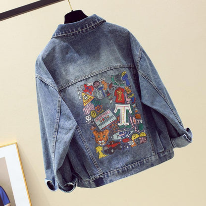 Women's casual loose printed denim jacket with long sleeves, shown in a relaxed everyday style