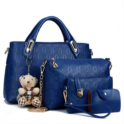 Women's 4-piece PU leather handbag set with tote, shoulder bag, crossbody bag, and card holder in coordinating style