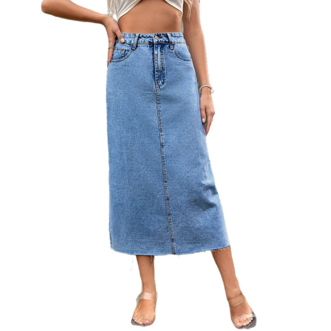Women's high-waisted A-line denim skirt in dark blue, shown from the side to highlight the flared silhouette and waistband fi
