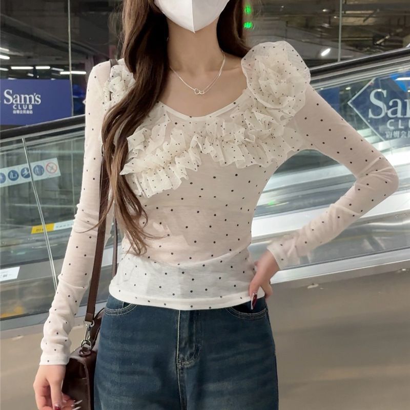 Women's slim-fit long sleeve blouse featuring a polka dot lace design, shown as a stylish everyday top for women