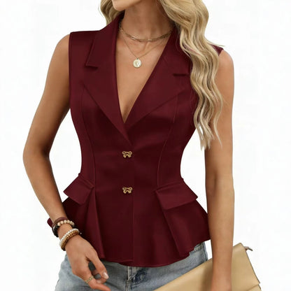 Women's chenille suit vest with V-neck, bow-tie detail, and button front, shown as a stylish layering piece for women