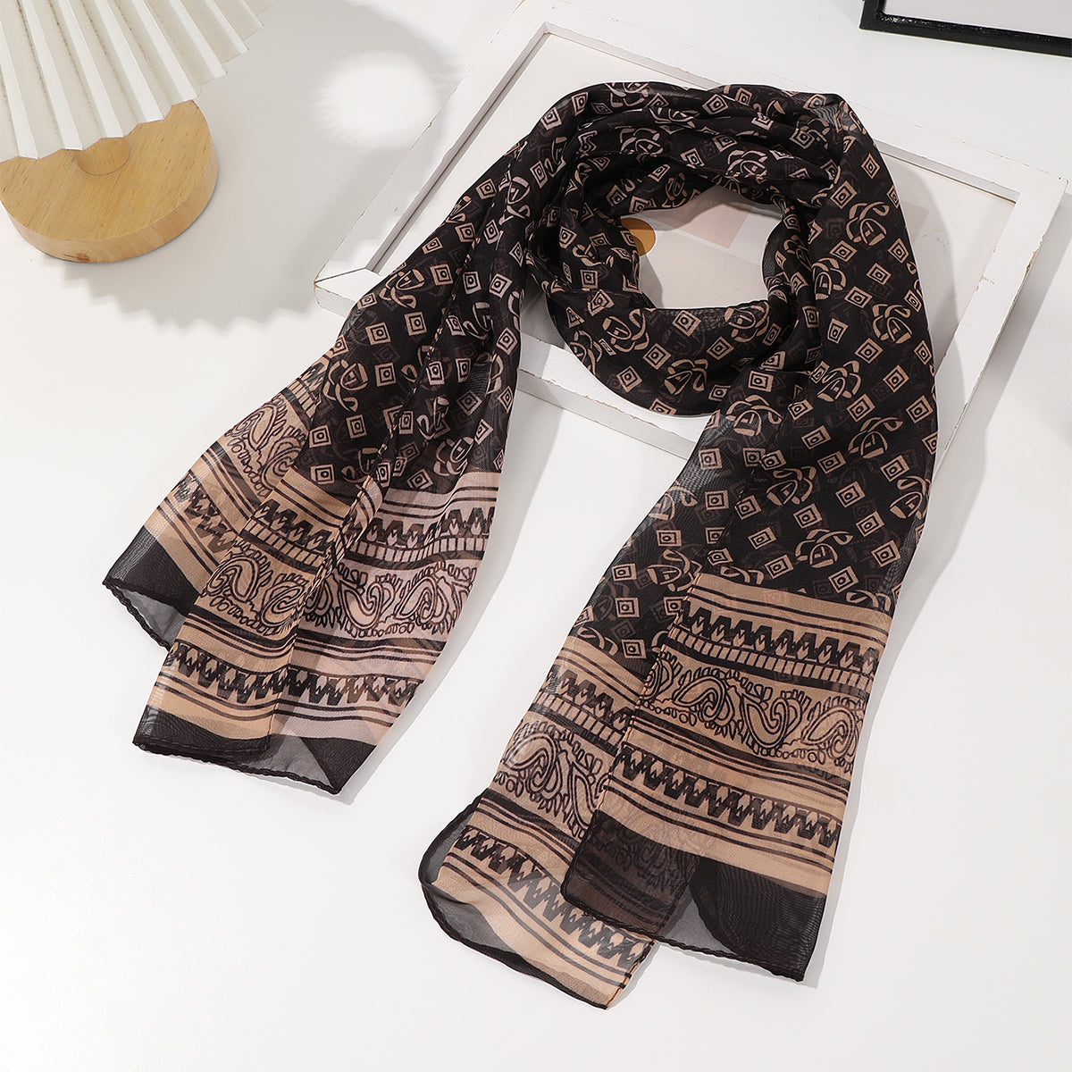 Coffee brown French vintage geometric woven shawl scarf folded to highlight retro pattern detail