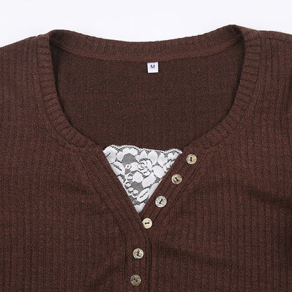 Women's color block knit pullover top shown from the back, highlighting the contrast panel design and relaxed fit