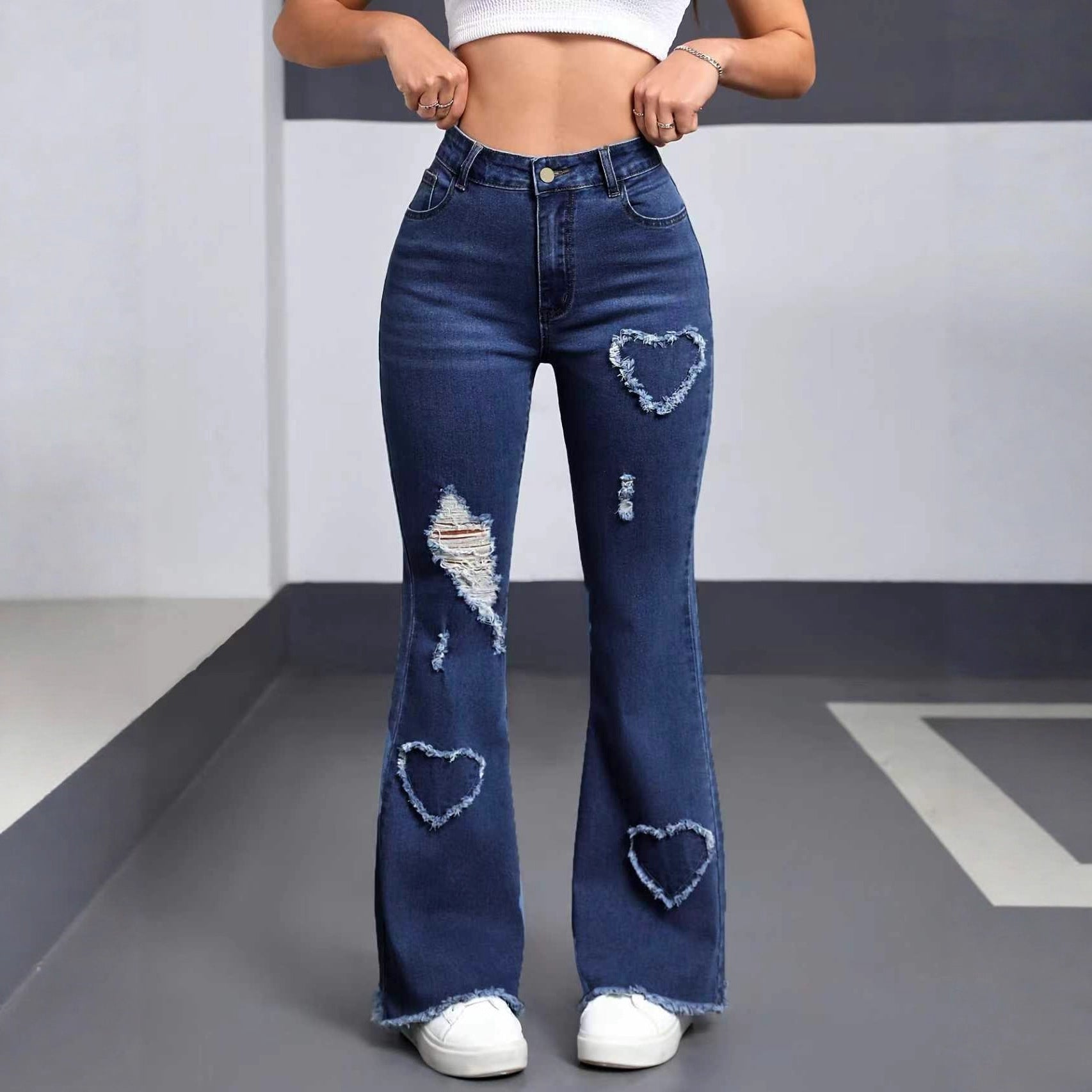 Women's High Waist Flared Denim Jeans with Embroidery & Ripped Details product image 5