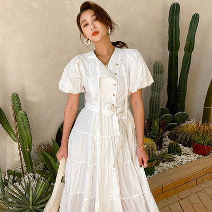 Women's Elegant Puff Sleeve Dress O-Neck High Waist Cotton Dress product image 7