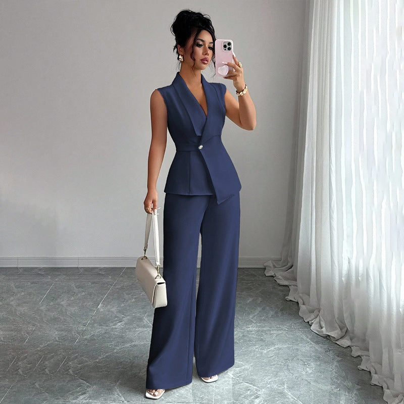 Women's sleeveless blazer and straight-leg pants co-ord set, styled as a polished workwear two-piece suit outfit
