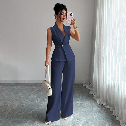 Women's sleeveless blazer and straight-leg pants co-ord set, styled as a polished workwear two-piece suit outfit