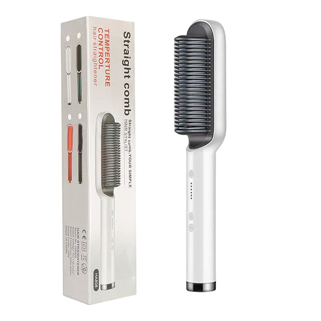2-in-1 hair straightener and curling brush with negative ion technology shown from the side
