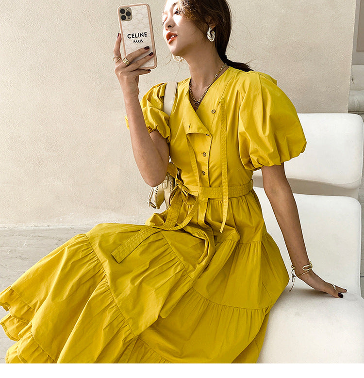 Women's Elegant Puff Sleeve Dress O-Neck High Waist Cotton Dress product image 6