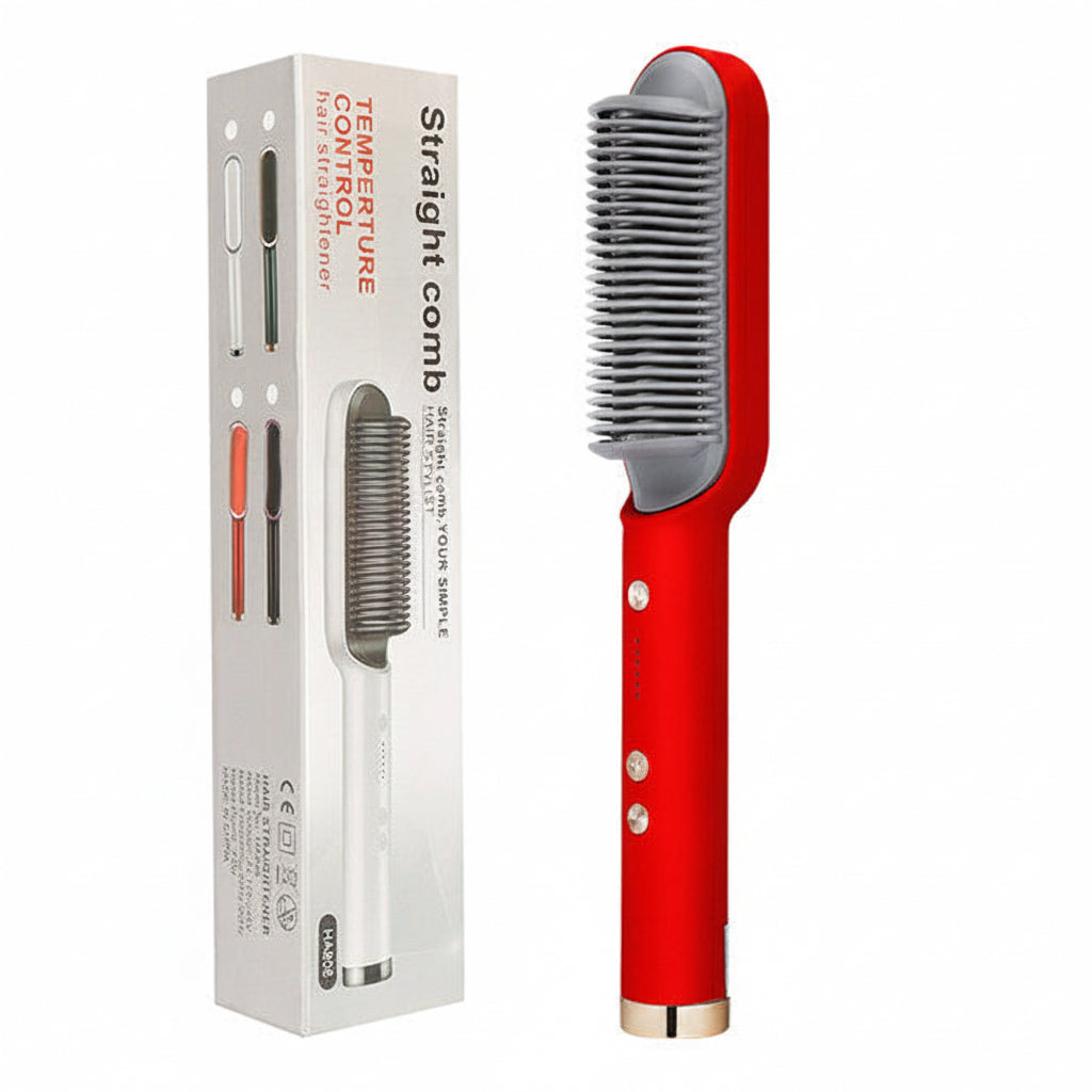2-in-1 hair straightener and curling brush with negative ion technology shown from the side