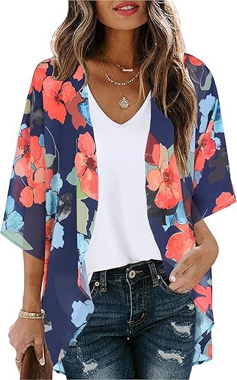 Sheer floral chiffon cardigan beach cover-up with open front and lightweight sun-protective fabric, shown as a women's blouse