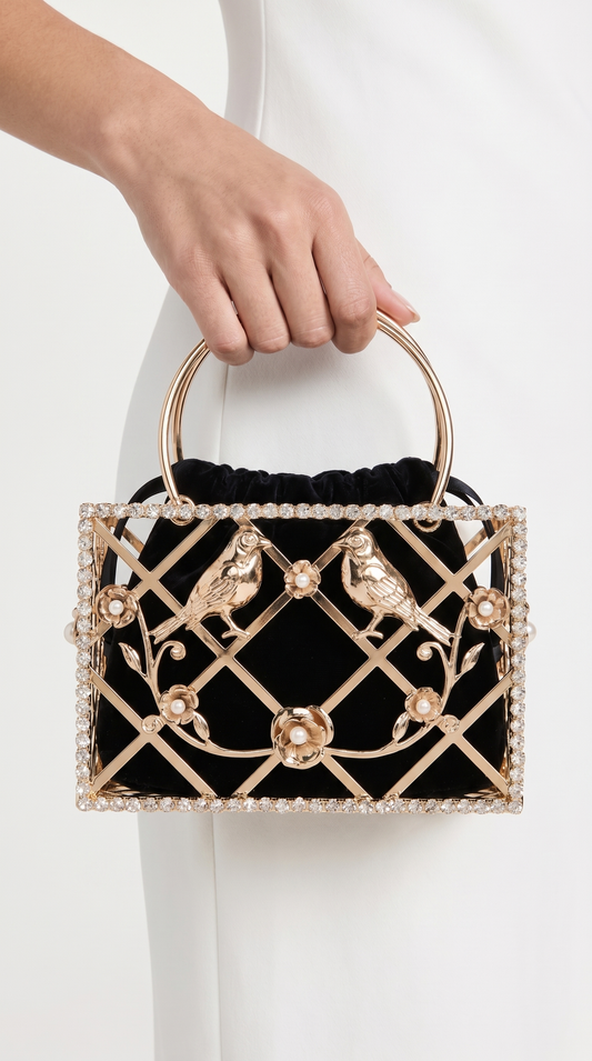 Bucket Bird Cage Mini Bag Purse Women Gold Tassel Handbag Black