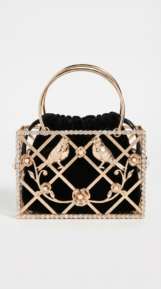 Bucket Bird Cage Mini Bag Purse Women Gold Tassel Handbag Black