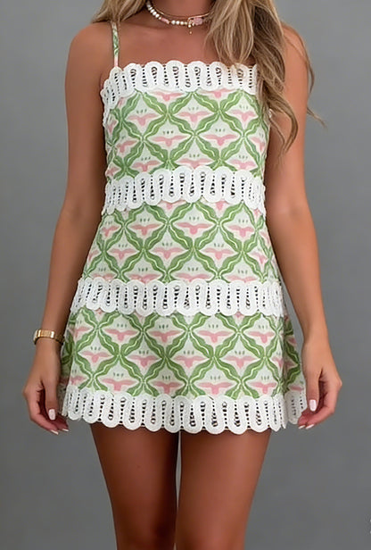 Garden Glow Lace-Trim Mini Dress